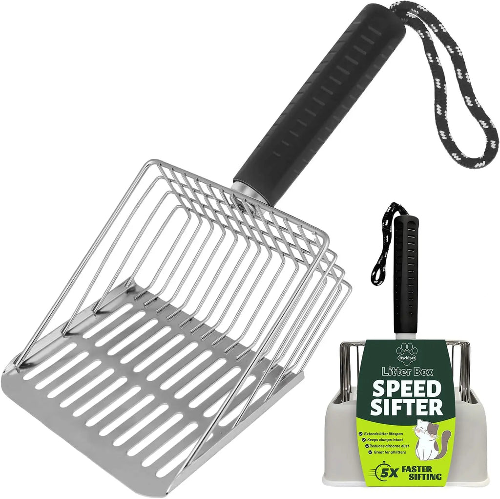 2026 Version Stainless Steel Cat Litter Scoop with Holder, Heavy Duty Sifter for Easy Cleaning